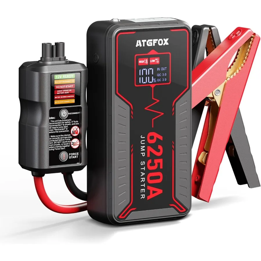 

6250A Портативный стартер с умным зажимом ATGFOX 12 В Автомобильный аккумуляторный усилитель для грузовиков до 8,5 л Газ/6,0 л Дизельный блок для прыжков
