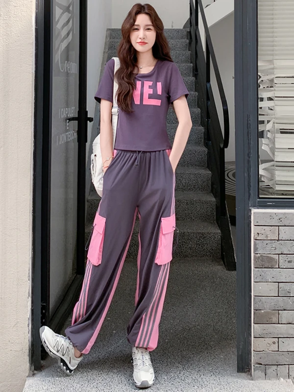 

Fashionable Casual Sportswear Set Women's Slimming Short Sleeve T-Shirt And Work Pants Two-Piece Set Summer 2026 Trendy Brand