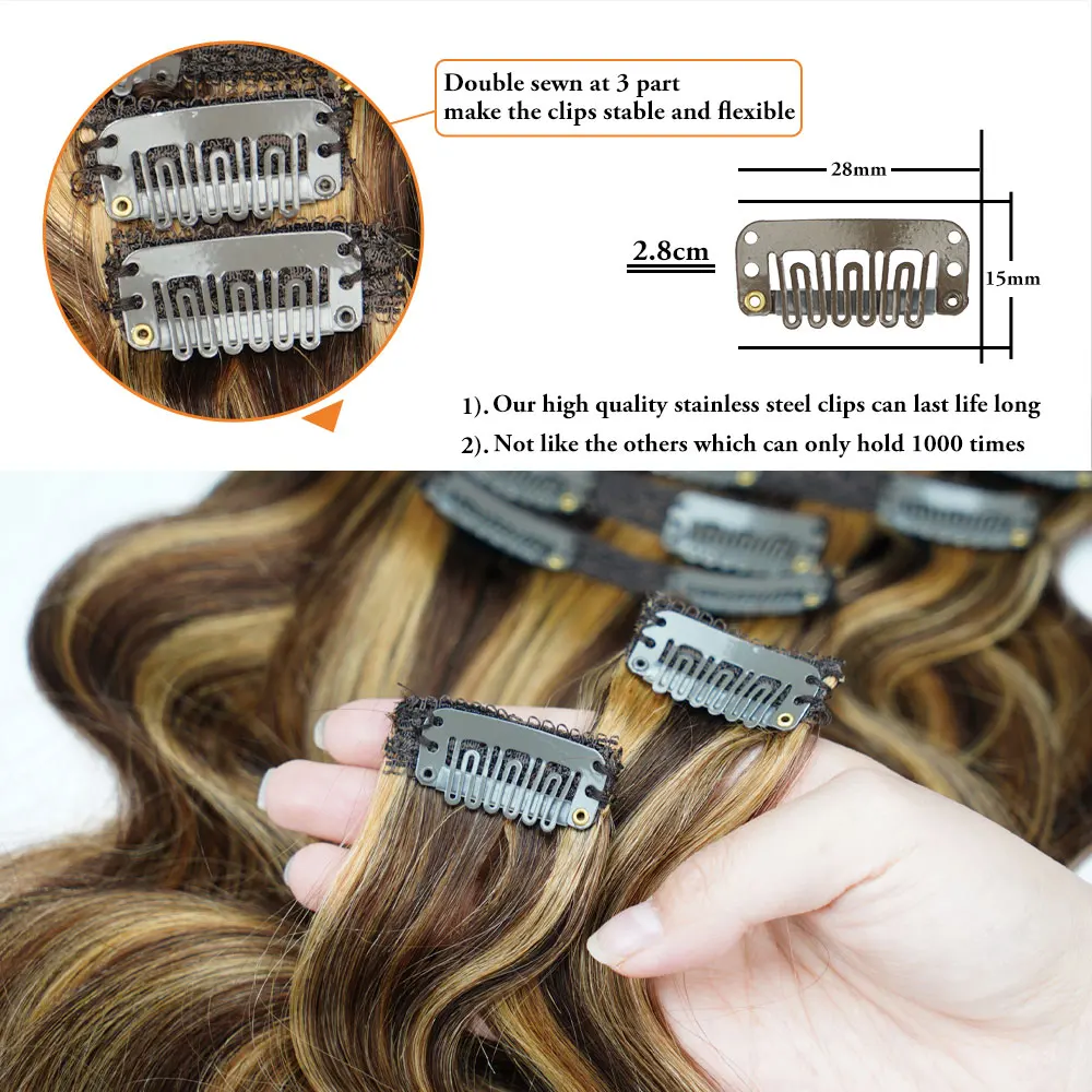 120G 7PCS Body Wavy Clip Hair Extensions Brazilian Machine Remy 100% Natural Human Hair Clip in Piano Color Caramel Brown