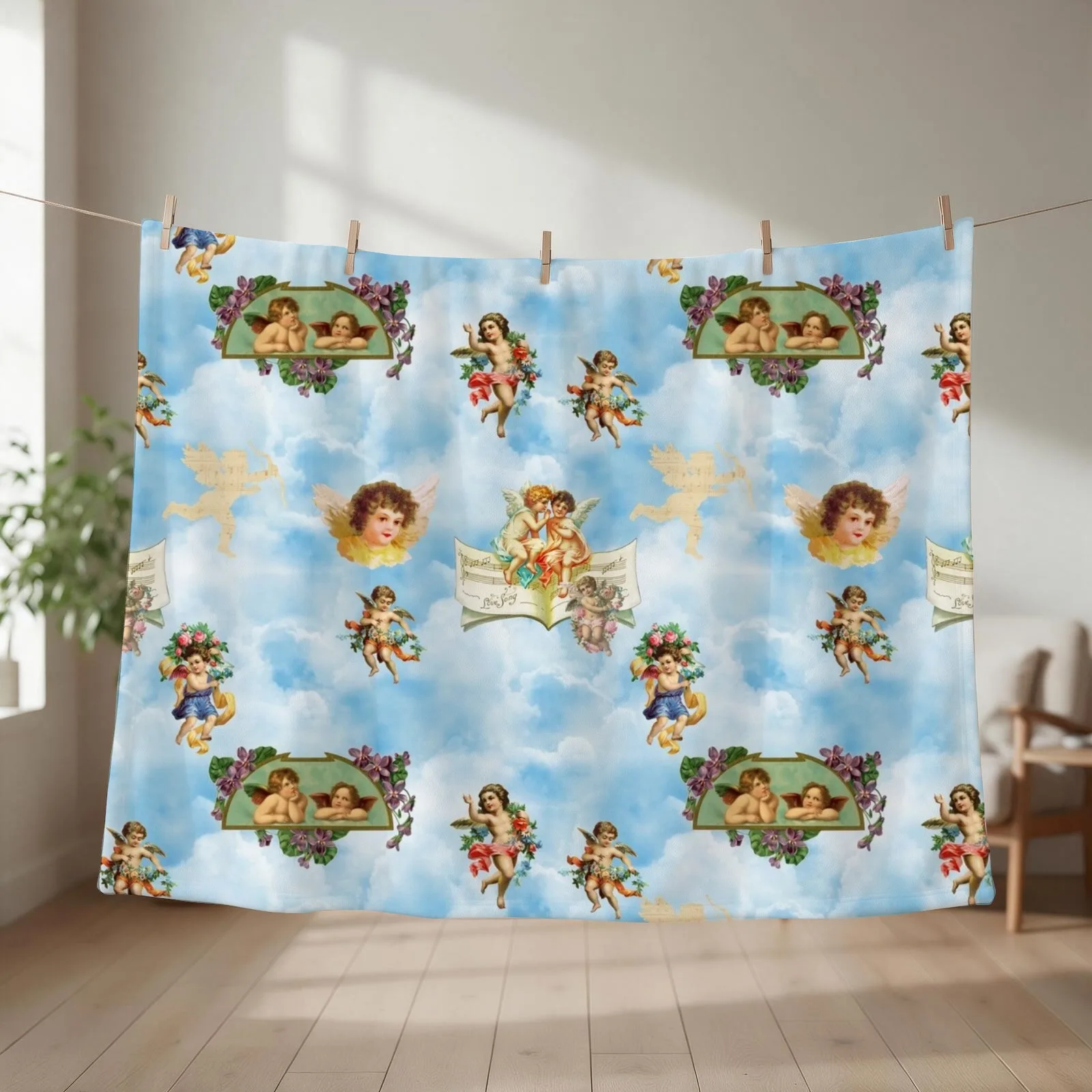 clouds angel cherubs Throw Blanket couch cozy soft plush fuzzy picnic outdoor blanket
