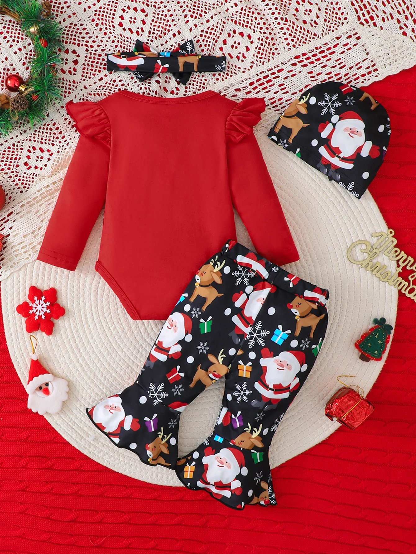 Infant Christmas Clothing Set: Cute Santa Claus & Reindeer Print Bell Bottoms with Red Ruffle Bodysuit and Accessories.