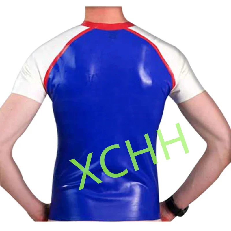 

Blue with White and Red Sexy Latex Shirt Short Sleeves Tank Top for Men Wear Handmade