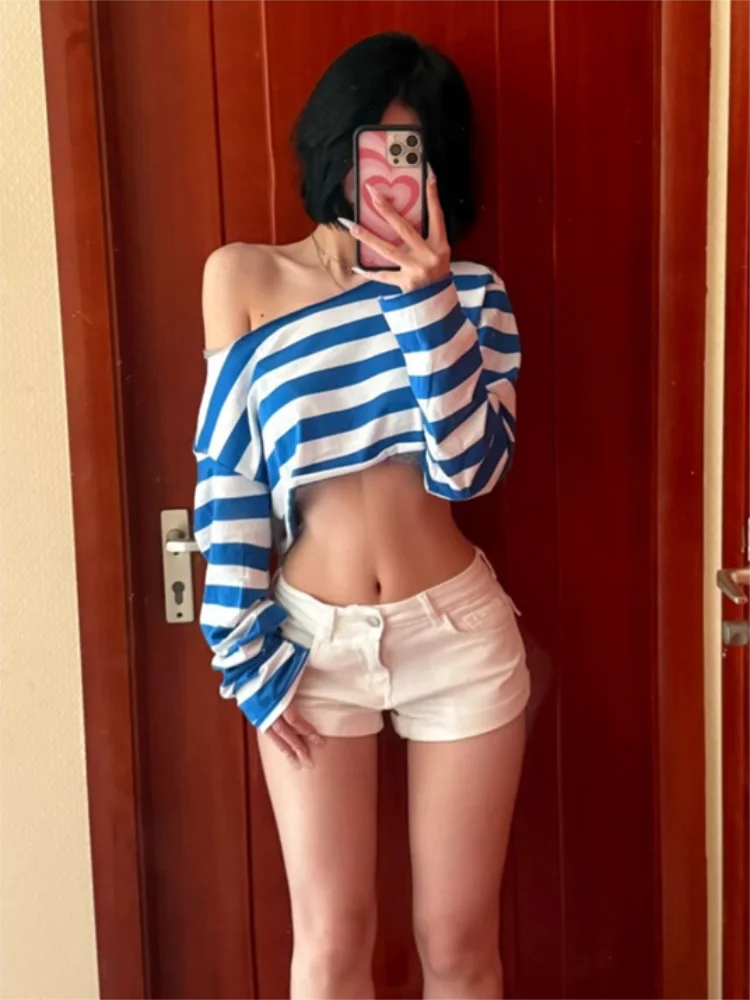 Loose Off Shoulder Striped Long Sleeves T-shirt Women Autumn Spicy Girl Crop Top Y2k Grunge 2000s Aesthetic Streetwear Top