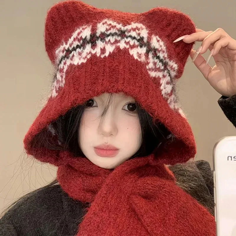 Cute Bear Knitted Scarf Hat for Women Ear Protection Cap Winter Warm Balaclava Headgear Woolen Neckerchief Girls Hooded Beanies