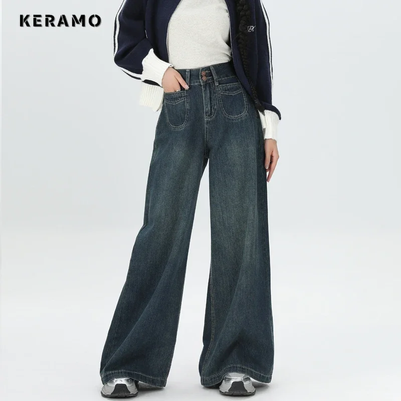 Grunge Pockets Hip-hop Street Jean American Retro High Waist Baggy Solid Pants Women's Emo Casual Y2K Washed Denim Trouser