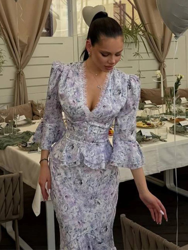 Bedrucktes Rüschen-Oberteil mit Meerjungfrauenrock-Set für Damen – Sexy Tiefer V-Ausschnitt, Halbarm, Taillenbetonende Oberteile, Lange Röcke, Schickes Damen-Outfit, Neu – Detail 22