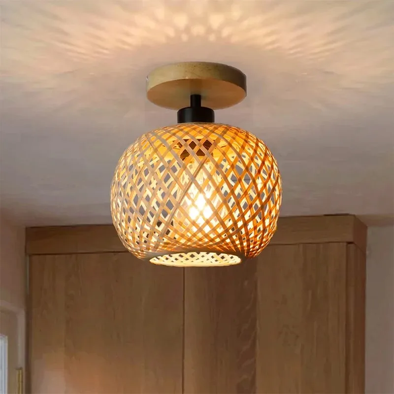 Rattan Pendant Lamp Handmade Bamboo E27 Retro Ceiling Light Fixture for Indoor Home Kitchen Bedroom Dining Room Decorative