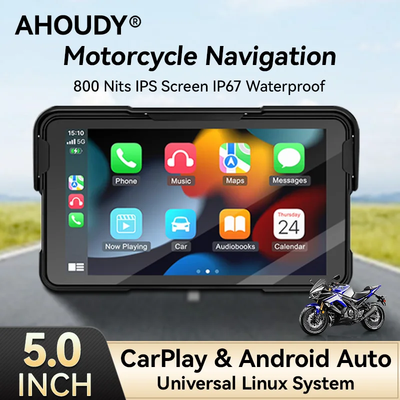 

AHOUDY 5" Motorcycle Carplay Wireless Android Auto Carplay GPS USB Type-C Bluetooth IP67 Waterproof Screen