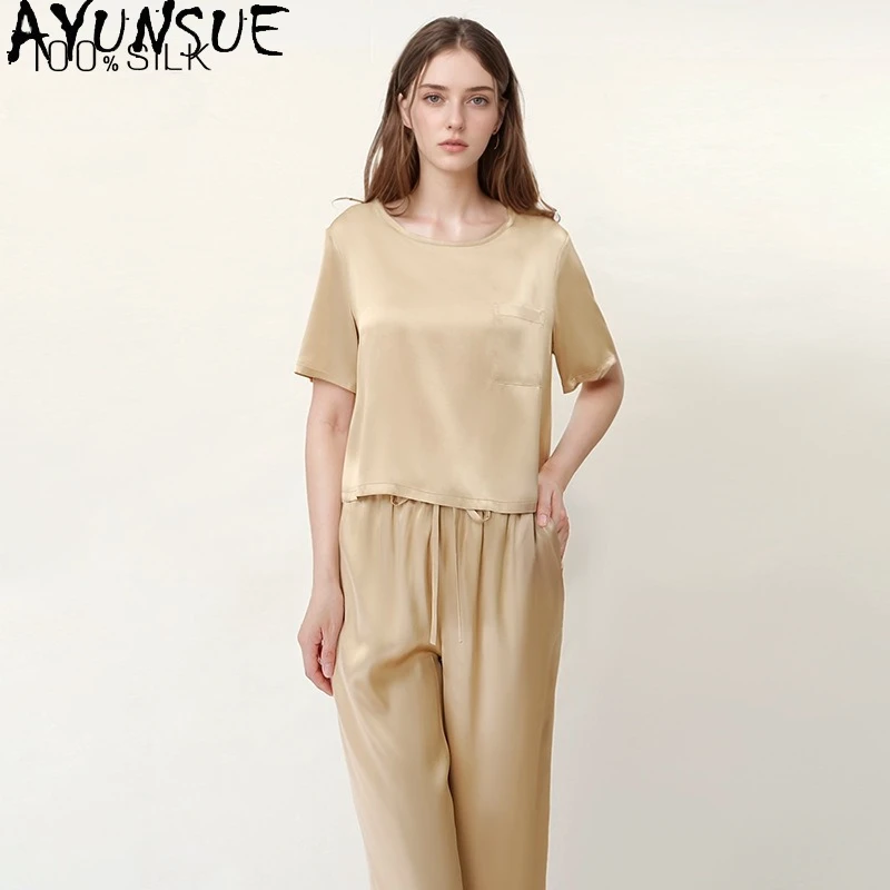 

AYUNSUE 16Mm 100% Real Silk Pajama Set Sleepwear Women Spring Summer Home Clothes Short Sleeve Top Casual Pants Womens Outfits