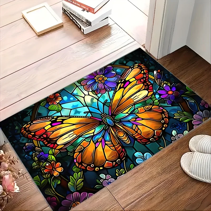VIKAMA Artistic Stained Glass Doormat Butterfly Floral Pattern Anti-Slip Entrance Mat For Indoor Front Door Home Decor Indoor