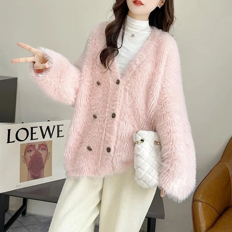 

#4028 Pink Beige Mohair Cardigan Coat Women V-neck Buttons Loose Korean Style Knitted Sweater Coat Batwing Sleeve Spring Autumn