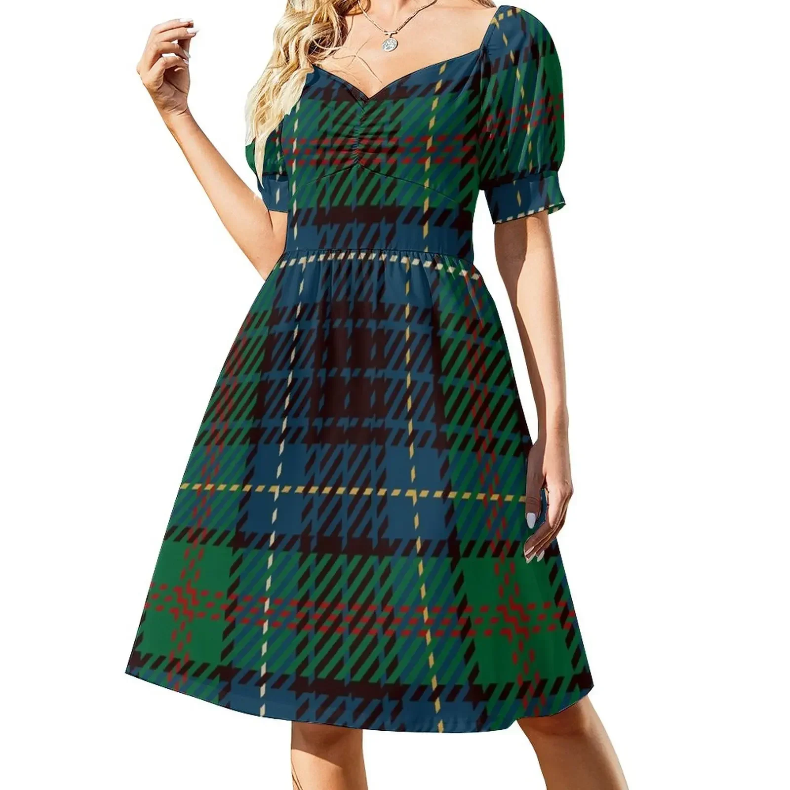 

Seamless Tartan Black Green Plaid Check Pattern Short-Sleeved Dress women dresses luxury dresses Prom gown Dress