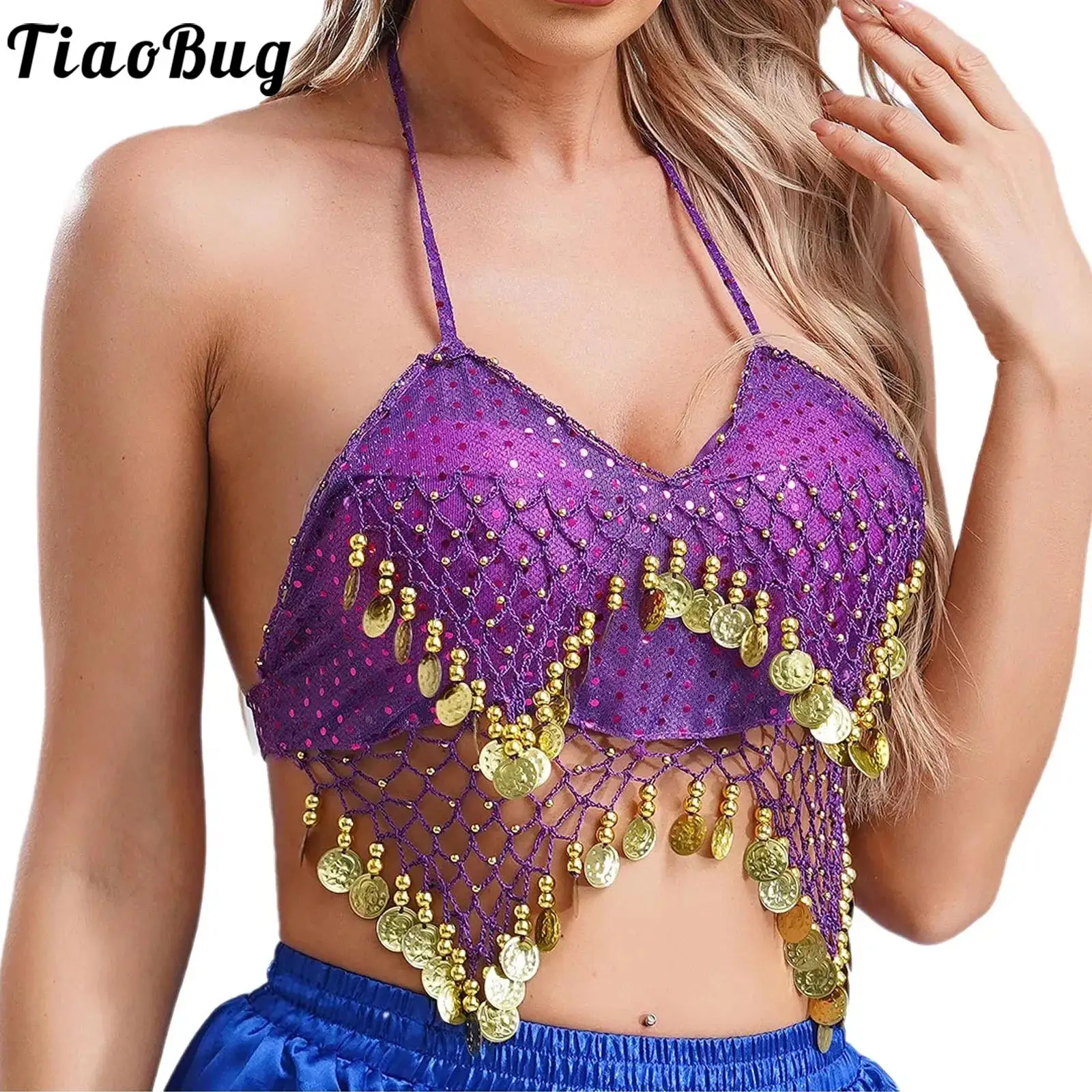 

Womens Belly Dance Sequin Fringe Top Nightclub Performance Halter Bra Dance Wear Show Costumes Halter Bra Performance Top