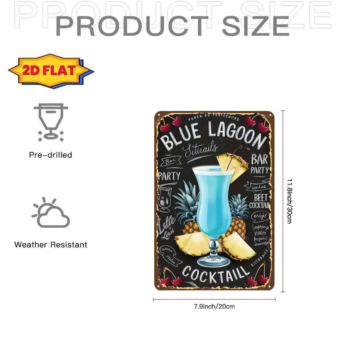 2D Flat, 1pc, Retro Blue Lagoon Cocktail: A Tropical Party Drink Recipe Metal Iron Sign, Pre-Drilled Holes, Suitable for Indoor,