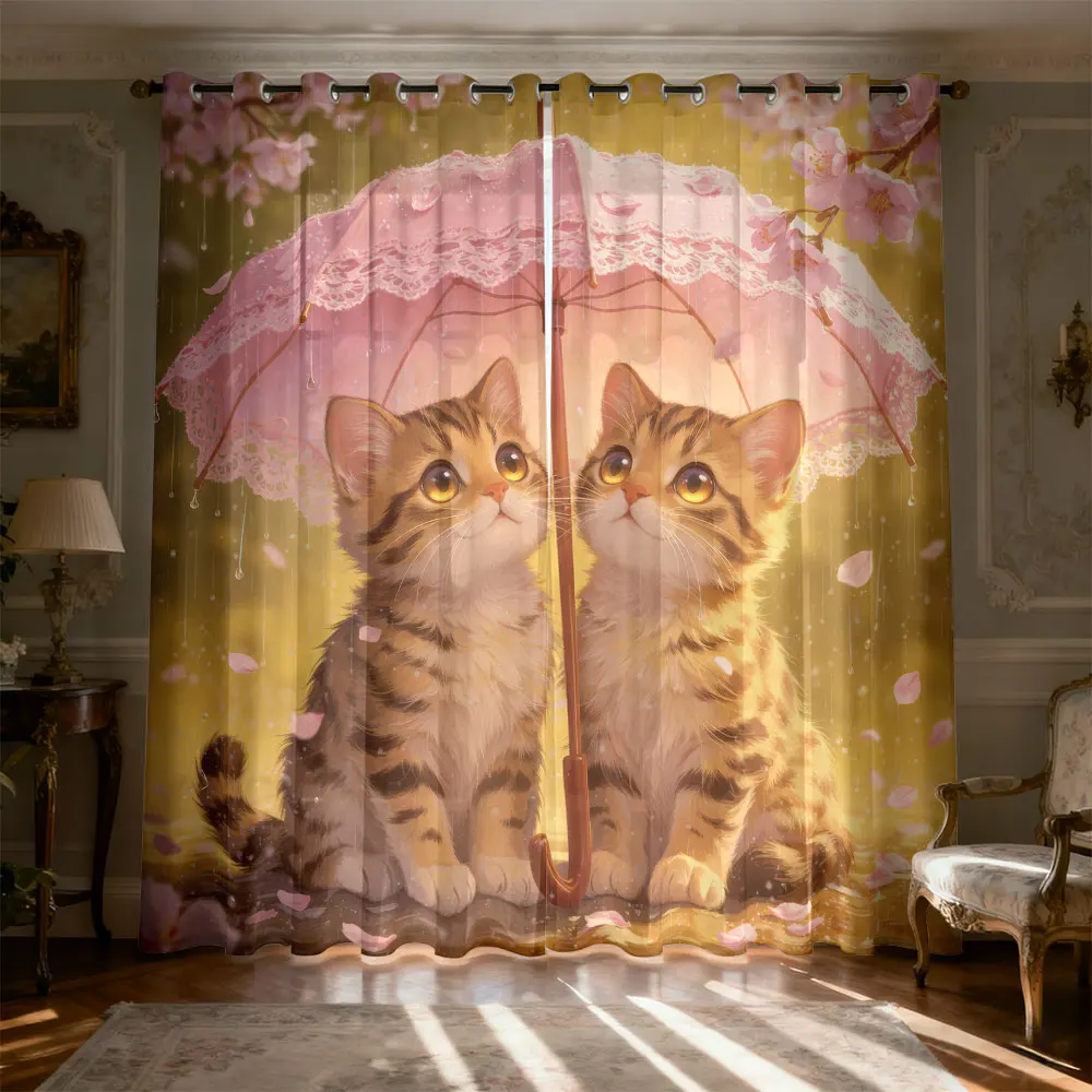 90g Double Opening Curtains Two Kittens Pink Umbrella Floral Sunshine Scene Pattern for Home