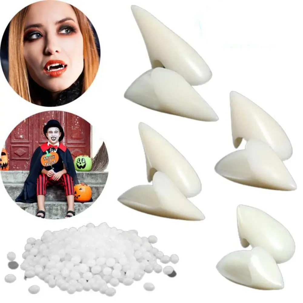 1 Pair Fangs Dentures Props Halloween Decoration Props Resin Fake Teeth With Solid Glue Denture Adhesive Halloween Party Decor