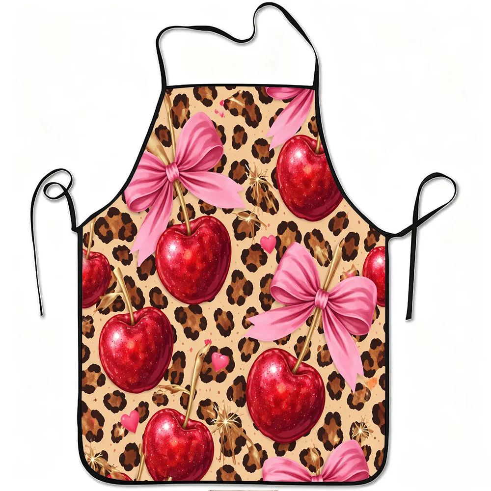 1pc Red Cherry Pink Bow Leopard Print Apron, Durable And Easy to Clean, Adjustable Waistband, Polyester Material, for Kitchen Co