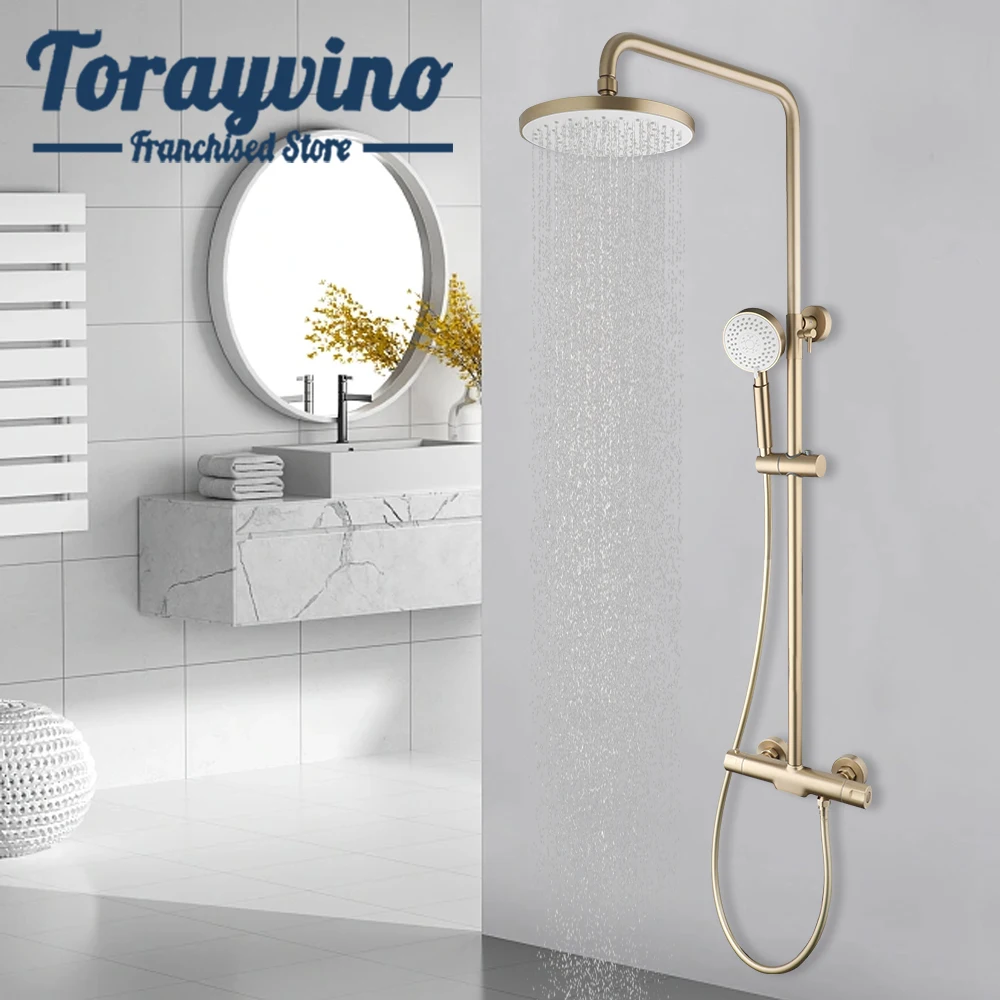 Torayvino Thermostatic Shower Set Bathroom Faucet Brushed Gold Rainfall Head With Third Gear Handheld Shower Wall Mounted Mixer 