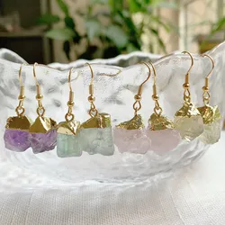 Healing Natural Crystal Drop Earring Jewelry Irregular Stone Tassel Charm Pink Quartz Amethysts Fluorite Purple Crystal Earrings