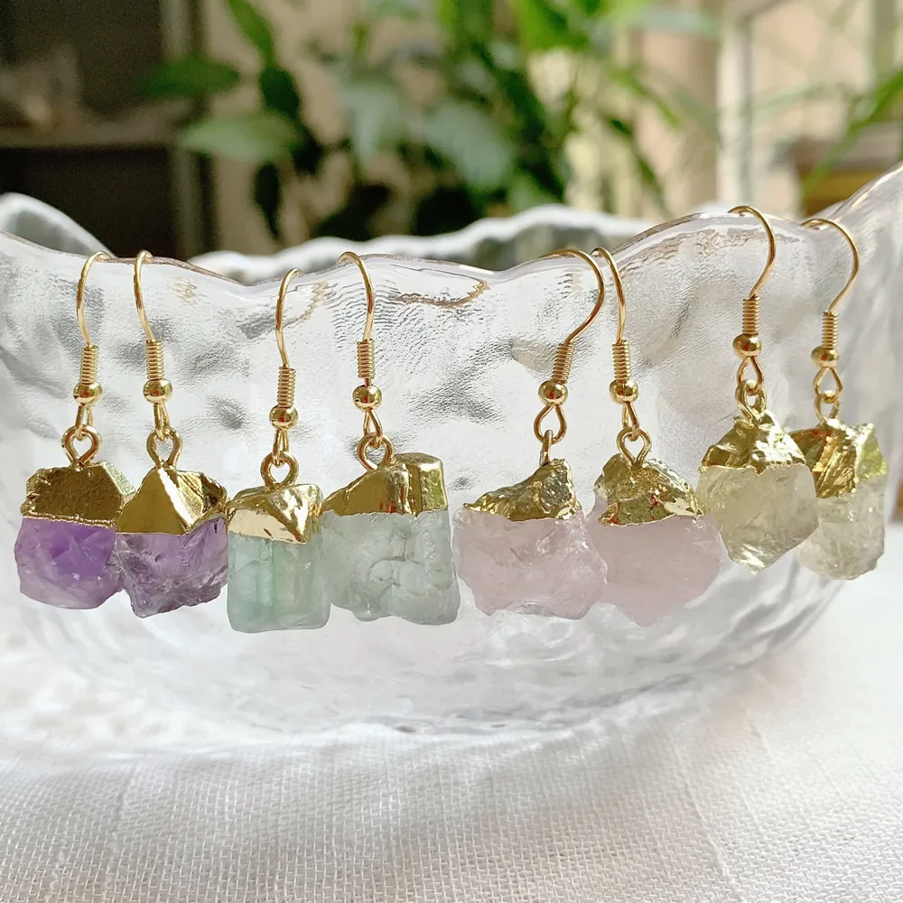 Healing Natural Crystal Drop Earring Jewelry Irregular Stone Tassel Charm Pink Quartz Amethysts Fluorite Purple Crystal Earrings