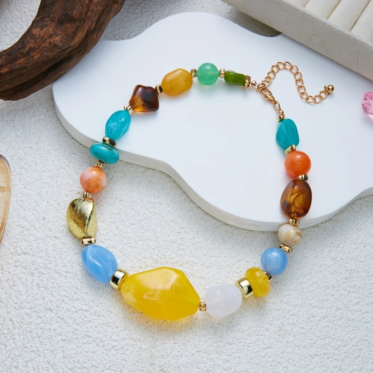 Klobige Unregelmäßige Acryl-Perlenkette für Damen und Herren, Bunte Imitations-Natursteinperlen-Halskette, Vintage-Punk-Schmuck – Detail 23