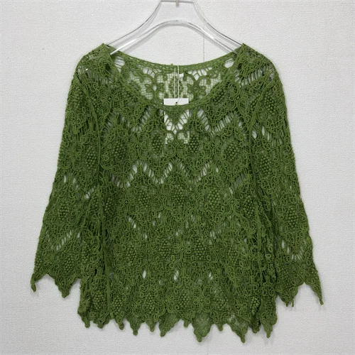 빈티지 수제 꽃무늬 여름 스웨터, 속이 비치는 니트 롱 스웨터, 브이넥 루즈핏 스웨터, 숄더 태슬 장식