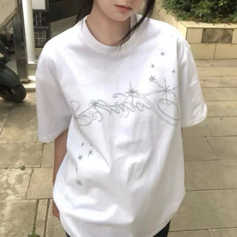 Y2K Aesthetic Oversized T-Shirt for Women Star Print Irregular Line Graphic Tees Casual Loose Short Sleeve Top