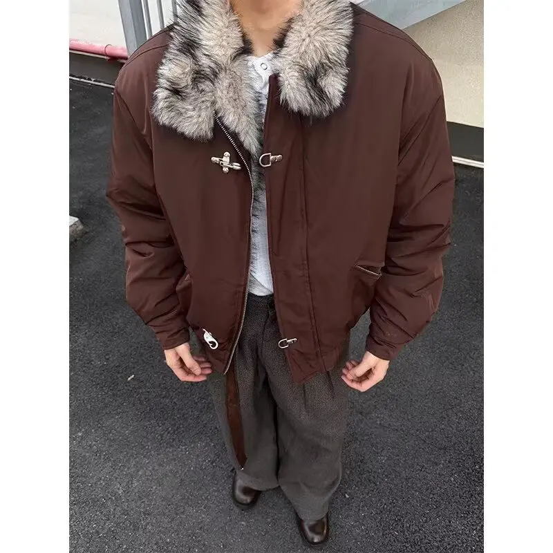 2026 Winter New American Plush Collar Retro Zipper Jacket Fashion Airplane Buckle Decoration Men's Streetwear Coat Casual Jacket