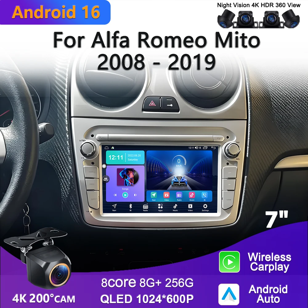 7 inch Car Radio For Alfa Romeo Mito 2008 - 2019 Android 16 QLED Multimedia Player Stereo Video Player Carplay Auto GPS Wifi HDR