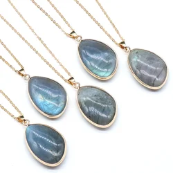 Natural Stone Irregular Flash Labradorite Pendant Necklace Gold Color Stainless Steel Necklaces for Women Jewelry Gift 30x21mm