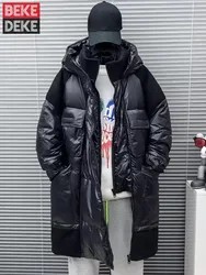 Winter Men Loose Fit Hooded Long Down Jacket Oversized Thick Warm Overcoat Fashion Spliced Multi Pockets Coat Casual Windbreaker