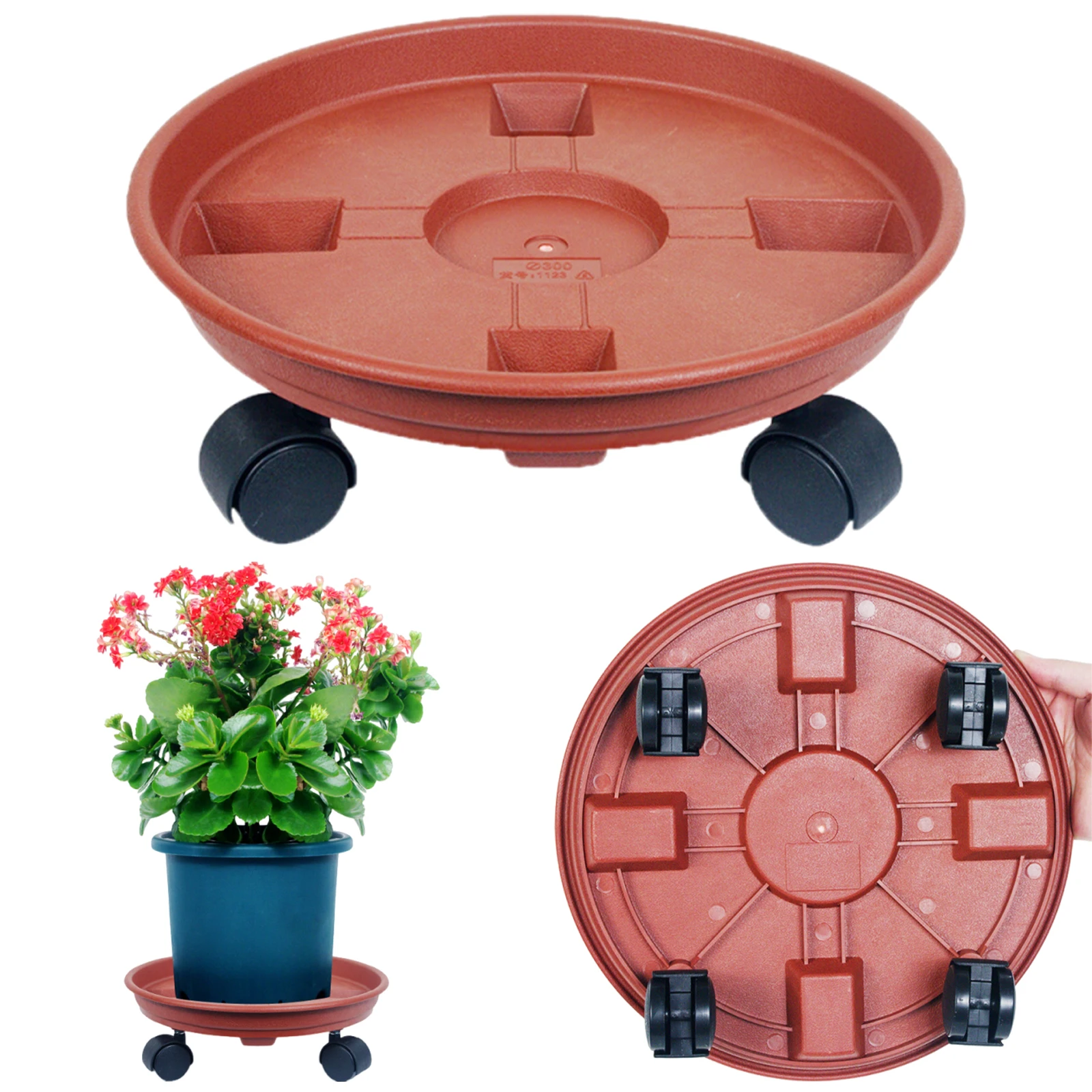 30cm Plastic Plant Caddy with Wheels Round Flower Pot Rack Holder Rolling Plant Dolly for Home Garden Office Indoor Outdoor Use