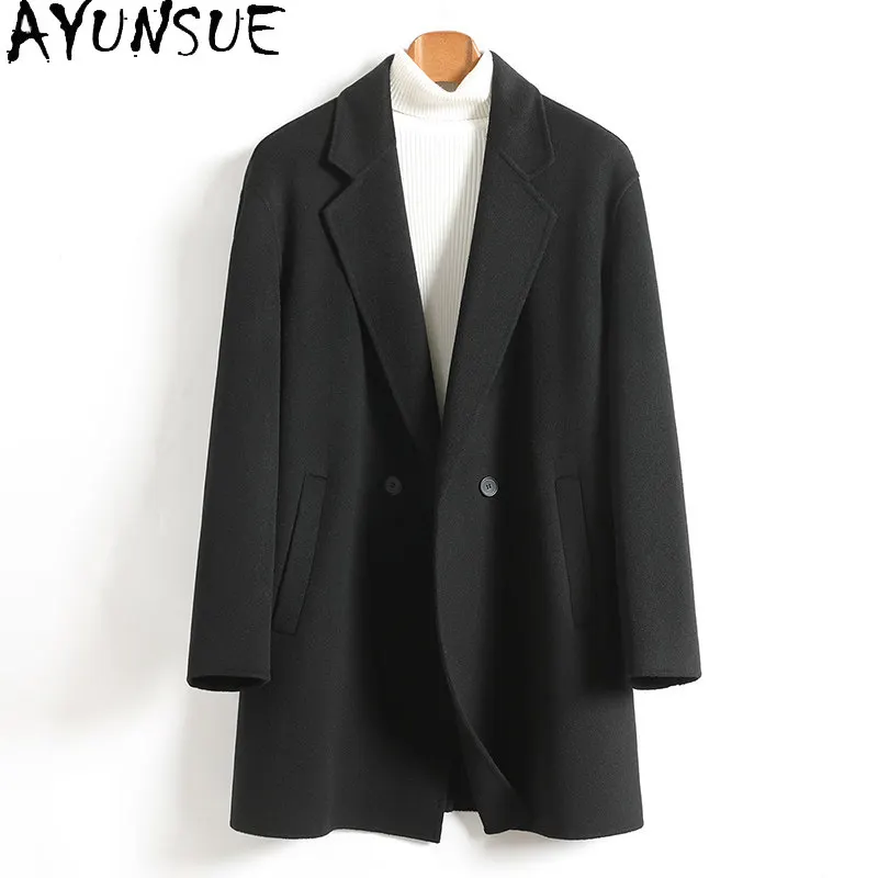

AYUNSUE New Autumn Winter 100% Wool Coat Man Clothing Loose Fashion Double-sided Woolen Jacket Men Suit Collar Mid-long Overcoat