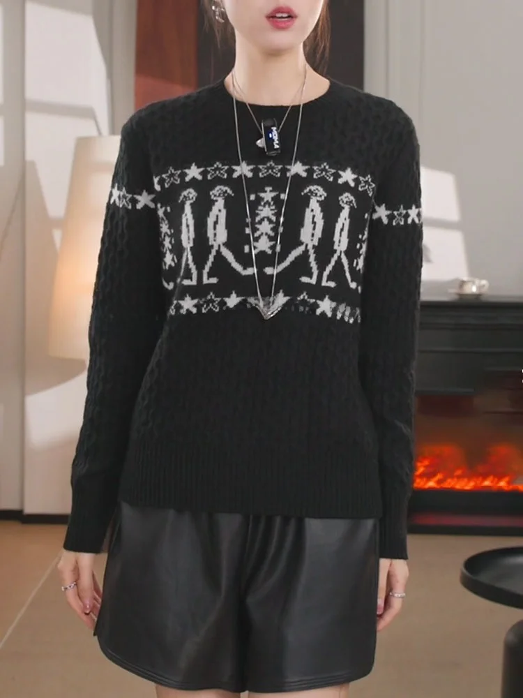 

Ретро-свитер с длинными рукавами и круглым вырезом, с вышивкой, осенняя новинка, большие размеры, универсальный, стройнящий топ