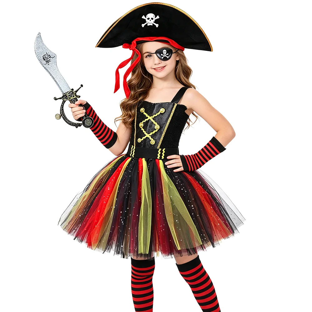 Girls Sparkly Pirate Lined Tutu Dress Kids Halloween Costumes with Hat Eye Patch Sword & Socks Option for Carnival Party Outfit