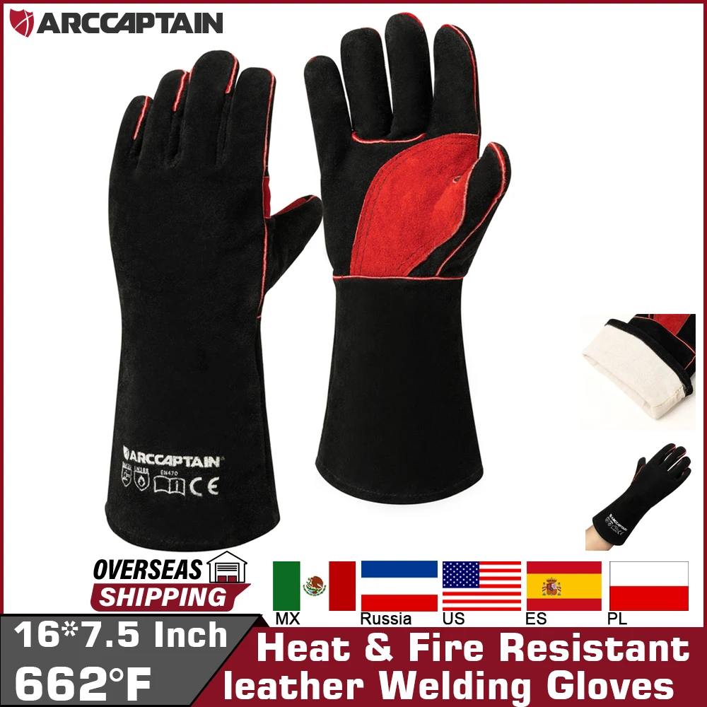 Arcaptain Luvas de Soldagem Trabalho Soldador Cowskin Couro Churrasco Luva Grill Churrasco Jardim Proteção Resistente ao Calor Manga Longa