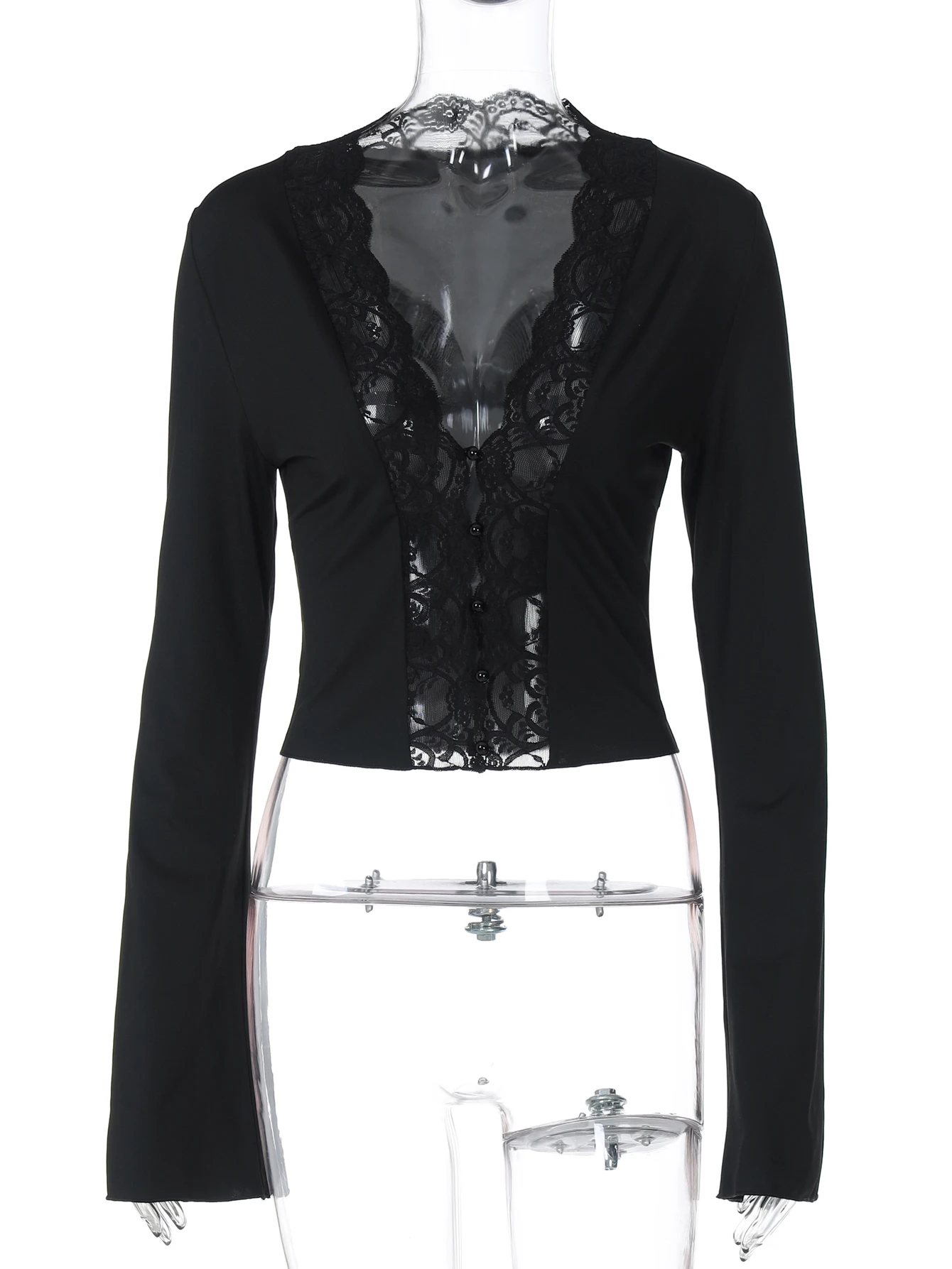 Hugcitar موضة الخامس الرقبة الصلبة طويلة مضيئة كم المرقعة الدانتيل مثير شير أزرار المحاصيل تي شيرت علوي الخريف النساء الزي نادي الحفلات