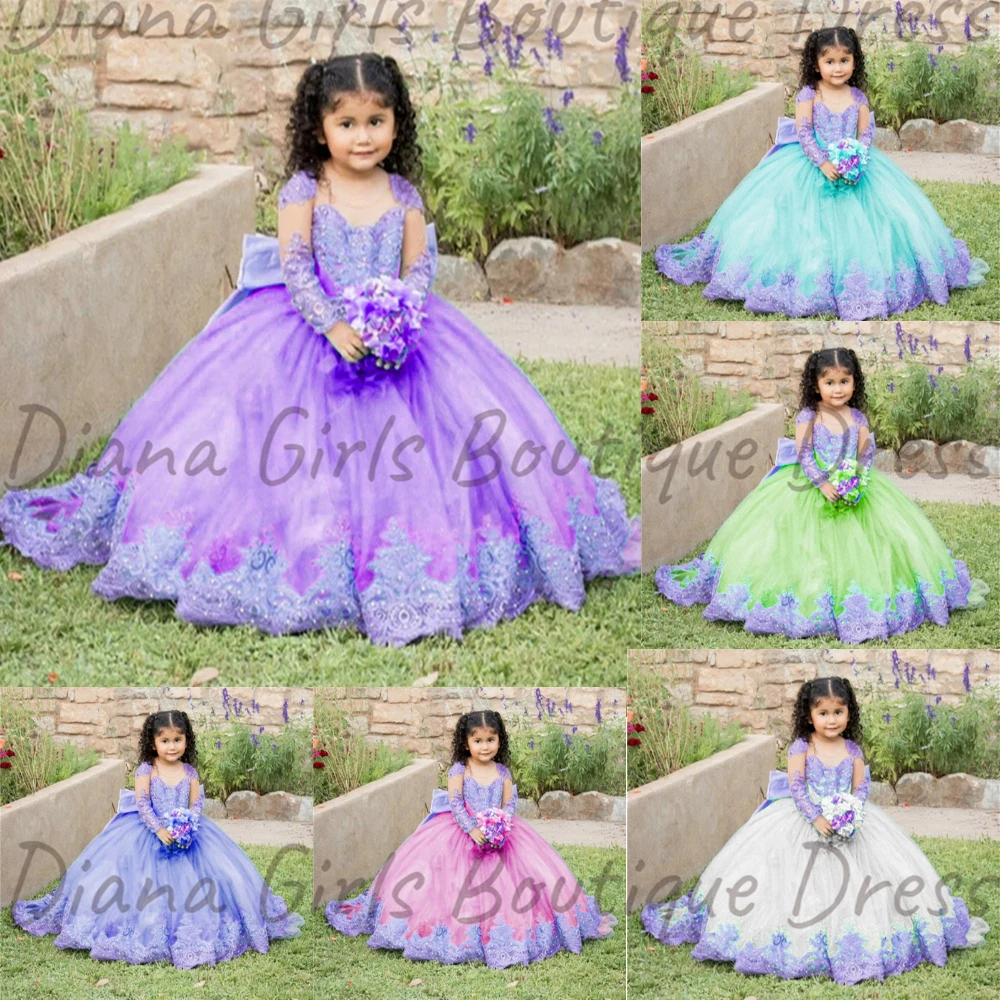 Luxuriöses Blumenmädchenkleid für Brautkleider für Babys, Prinzessin, Ballkleider, Spitzenapplikationen, schulterfrei, Erstkommunionkleid