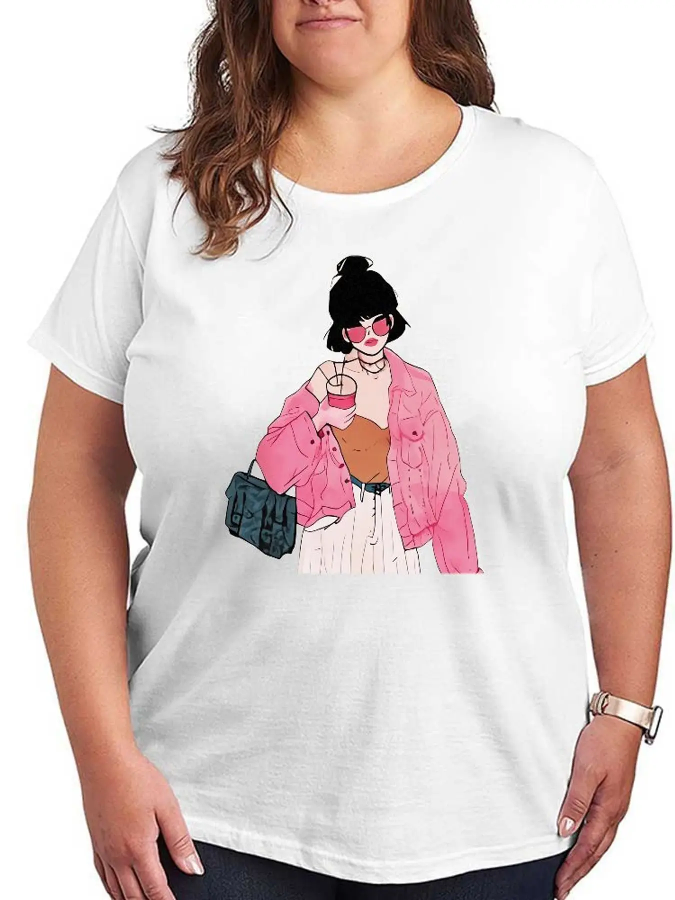 Fashion Girl Graphic T Shirt Pink Aesthetic Print Summer Stretchy Tee Women Casual Oversized Short Sleeve Plus Size Cotton Soft Tops