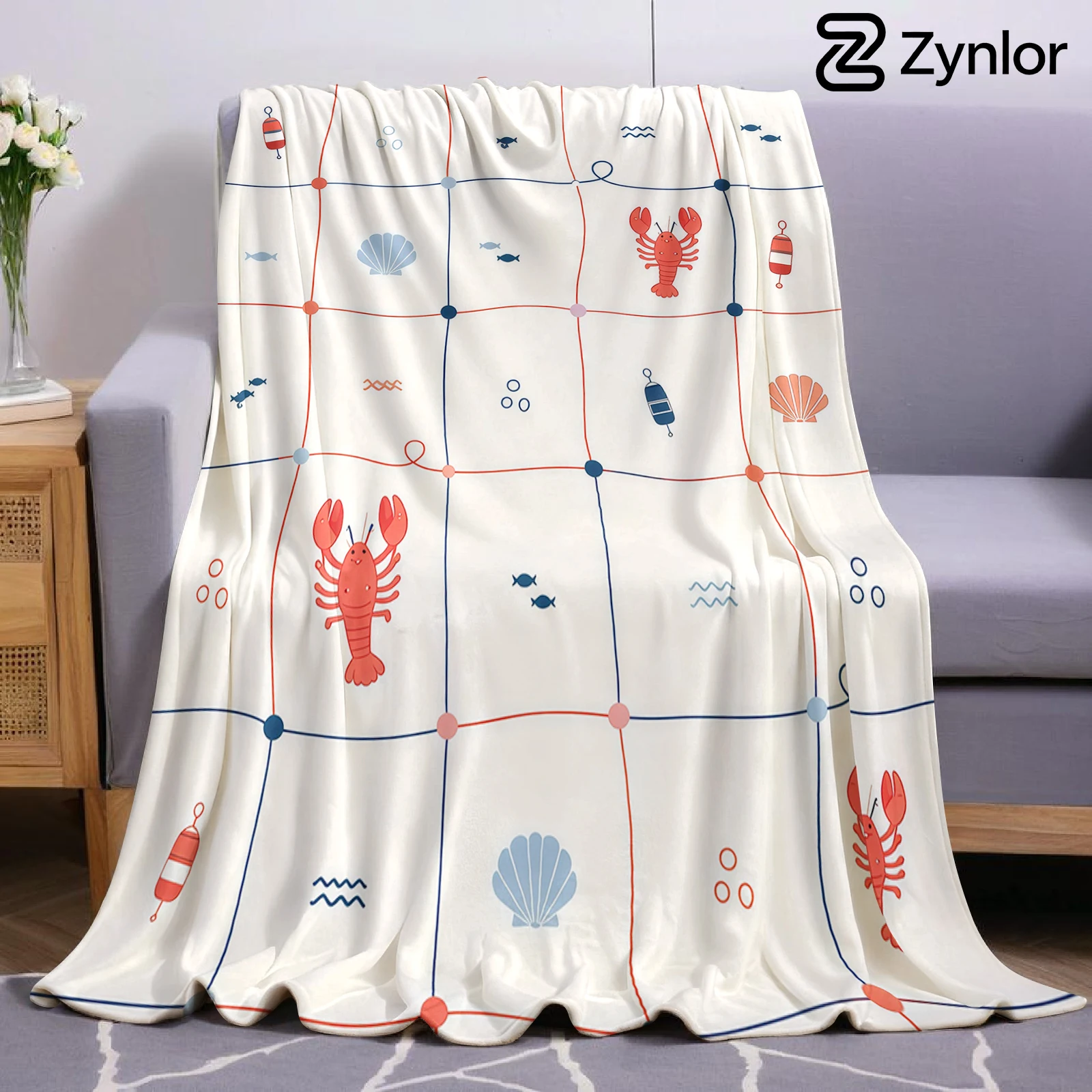 Lobster Fishing Net Cartoon Anime Print Flannel Blanket Soft Warm Throw for Kids Bedroom Sofa Bed Christmas Office Car