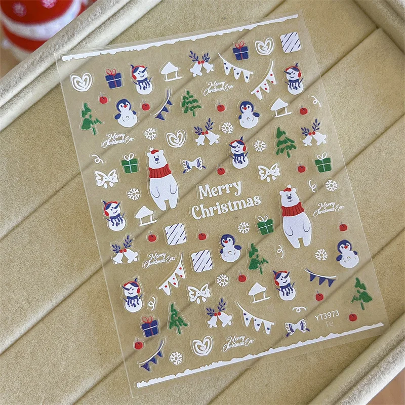 1 Sheet Christmas Nail Stickers Adhesive Nail Decals With Christmas White Bear Snowman Cartoon Cute Nail Decoration Salon Supply