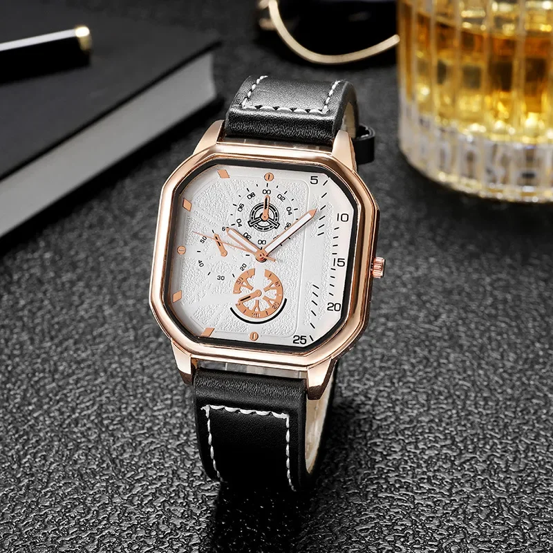 Square Dial Watch Leather Strap Mens Watches Luxury Sports Date Quartz Wristwatches Man Chronograph Quartz Wrist Clock Relogios