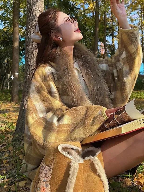 

Korean Sle Hepburn Plaid Coat Women's Autumn Winter New Loose Slimming Woolen Outerwear with Fur Collar Versatile Casual Top