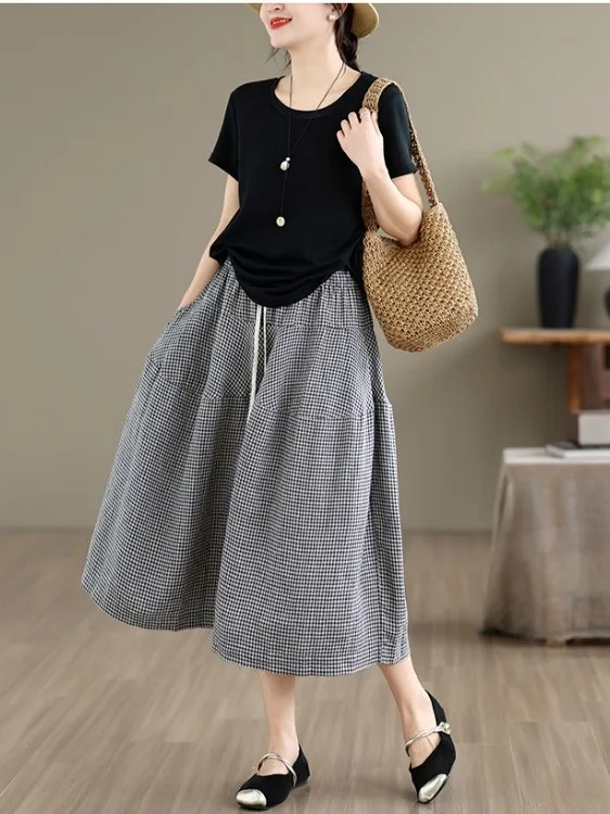 

Summer 2026 Casual Cotton Linen Wide Leg Pants Large Size Women's Artistic Loose Fit Seven Parts Skirt Pants Versatile Trousers