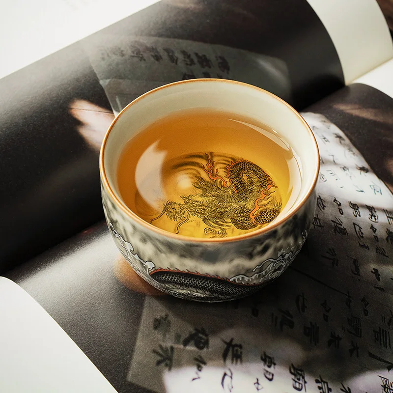 150ml Big Capacity Ru Kiln Dragon Ceramic Tea Cup Can Raise Personal Master Cup Household High-end Tasting Cup Kung Fu Tea Cup