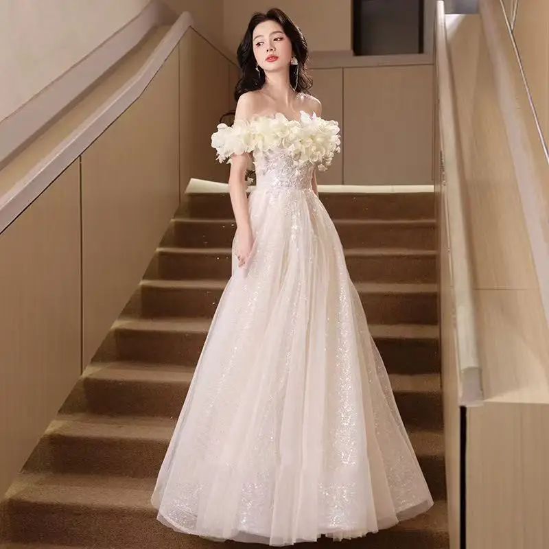 

New Glitter Champagne Off The Shoulder Evening Dresses For Women Appliques A Line Formal Graduation Prom Ball Occasion Gown