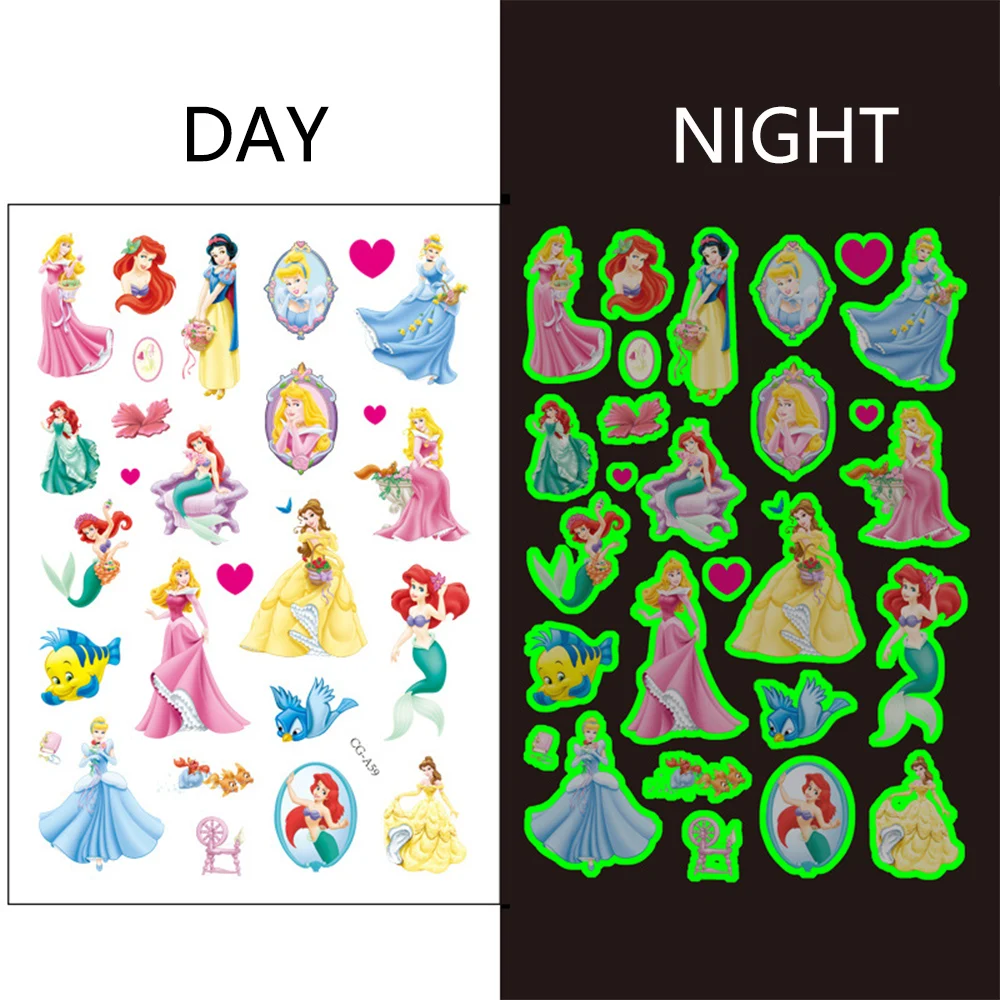 1Pcs Disney Princess Luminous Tattoo Sticker Cartoon Snow White Aurora Children Arm Face Glowing Tattoo Disposable Body Tattoo