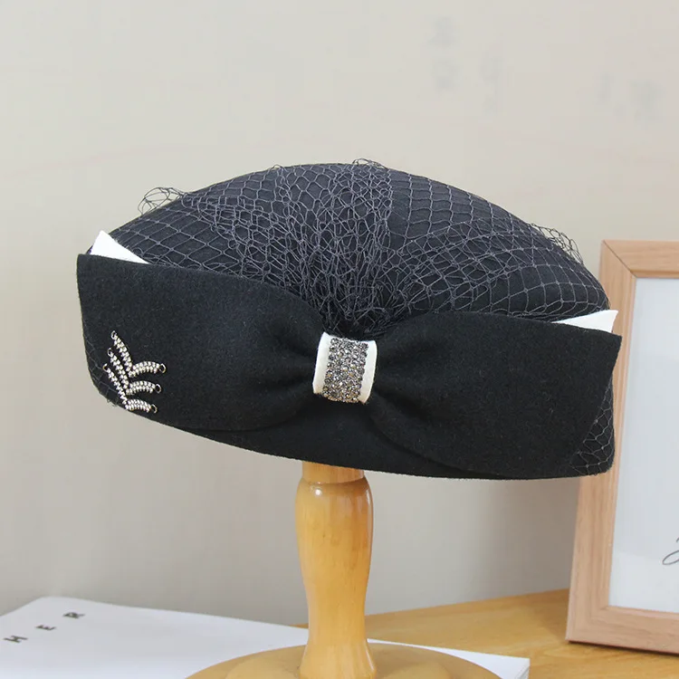 

X4110 Retro Mesh Diamond Bow Church Hat Adult Wool Wedding Hat Lady Painting Church Hats Wedding Caps Veil Fascinator Hats