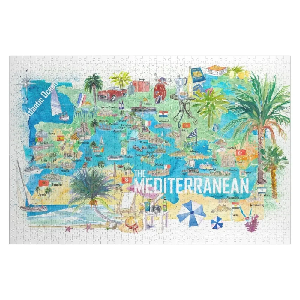 Illustrated Mediterranean Sea Travel Poster Map with Spain Italy Greece Palma Ibiza Jigsaw Puzzle Jigsaw Pieces Adults Puzzle