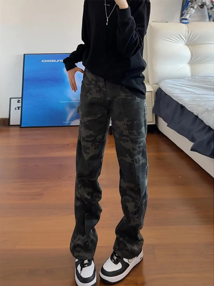 

Мужские джинсы American Sle с камуфляжным принтом и флисовой подкладкой, осенне-зимние, в стиле High Street, рабочая одежда, прямые брюки с легким клешем, утягивающие фигуру
